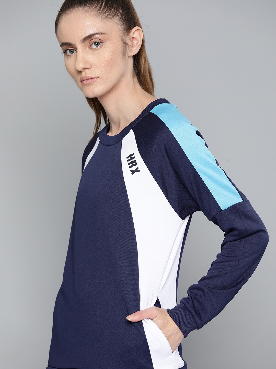 

HRX By Hrithik Roshan Lifestyle Women Medieval Blue Rapid-Dry Colourblock Sweatshirts, Navy blue