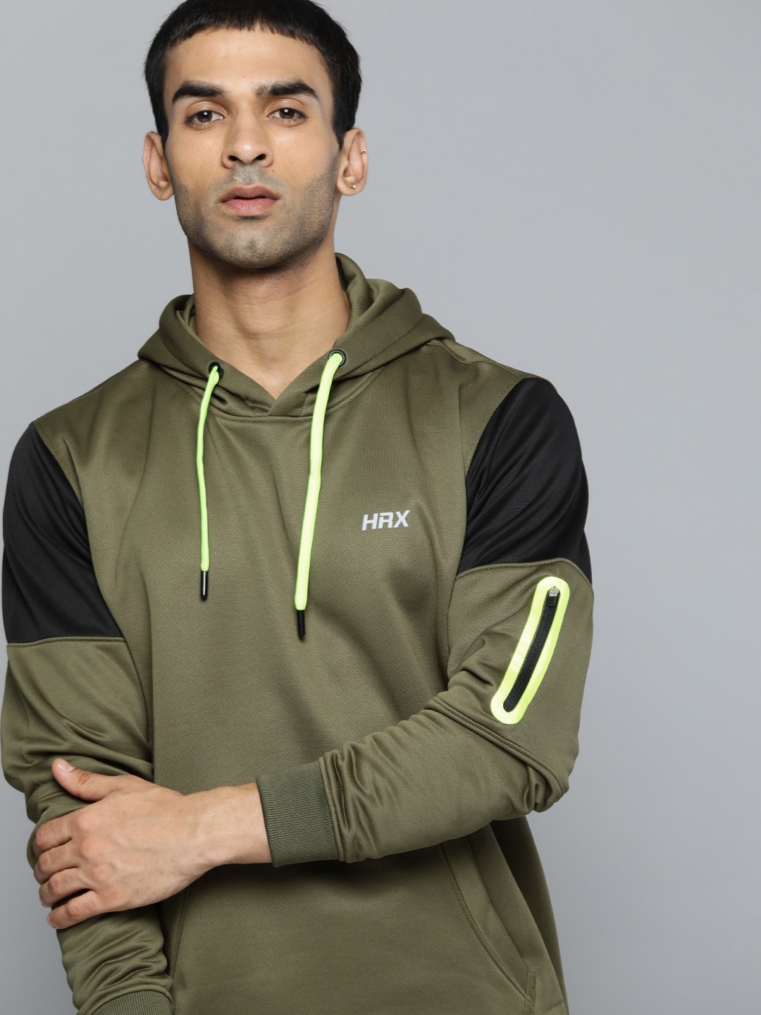 

HRX By Hrithik Roshan Running Men Brunt olive Rapid-Dry Colourblock Sweatshirt