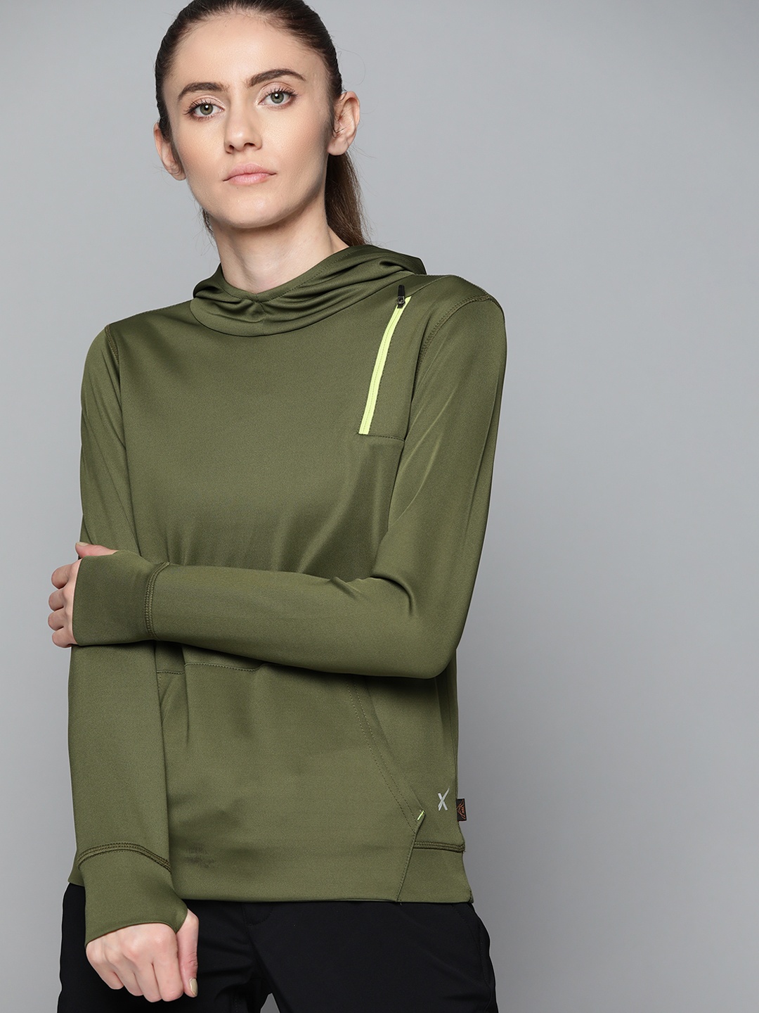 

HRX By Hrithik Roshan Outdoor Women winter moss Rapid-Dry Solid Sweatshirts, Olive