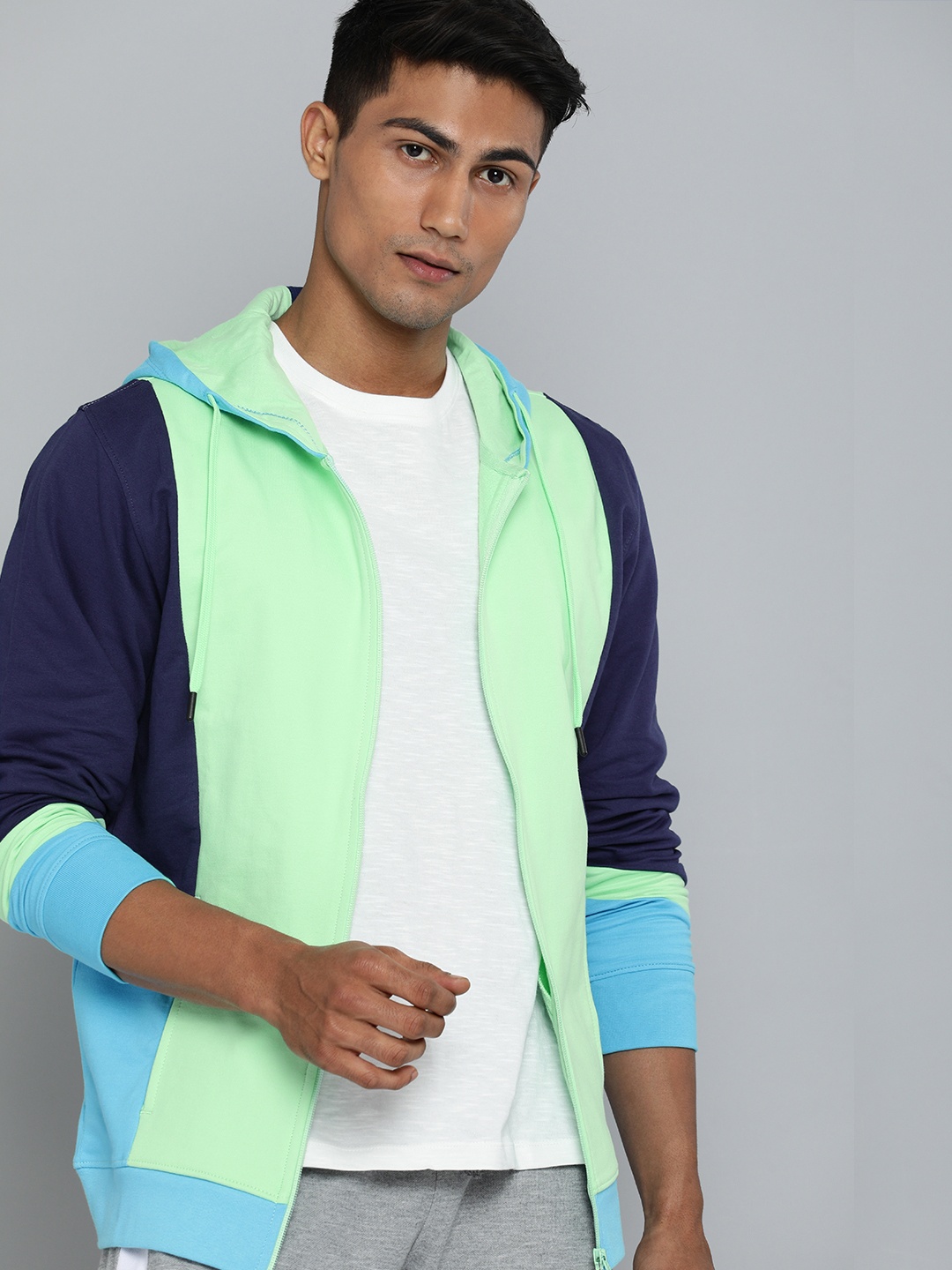 

HRX by Hrithik Roshan Men Green & Blue Colourblocked Hooded Pure Cotton Sweatshirt