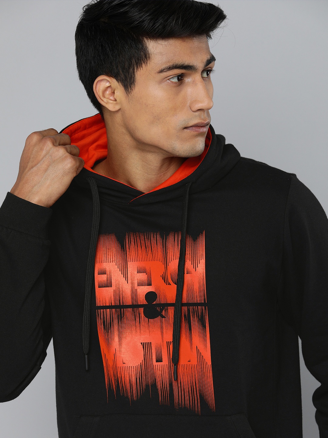 

HRX by Hrithik Roshan Men Black & Orange Printed Hooded Sweatshirt