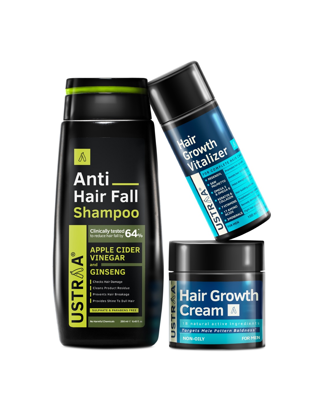 

Ustraa Hair Growth Kit - Vitalizer + Anti Hair Fall Shampoo + Hair Growth Cream, Black