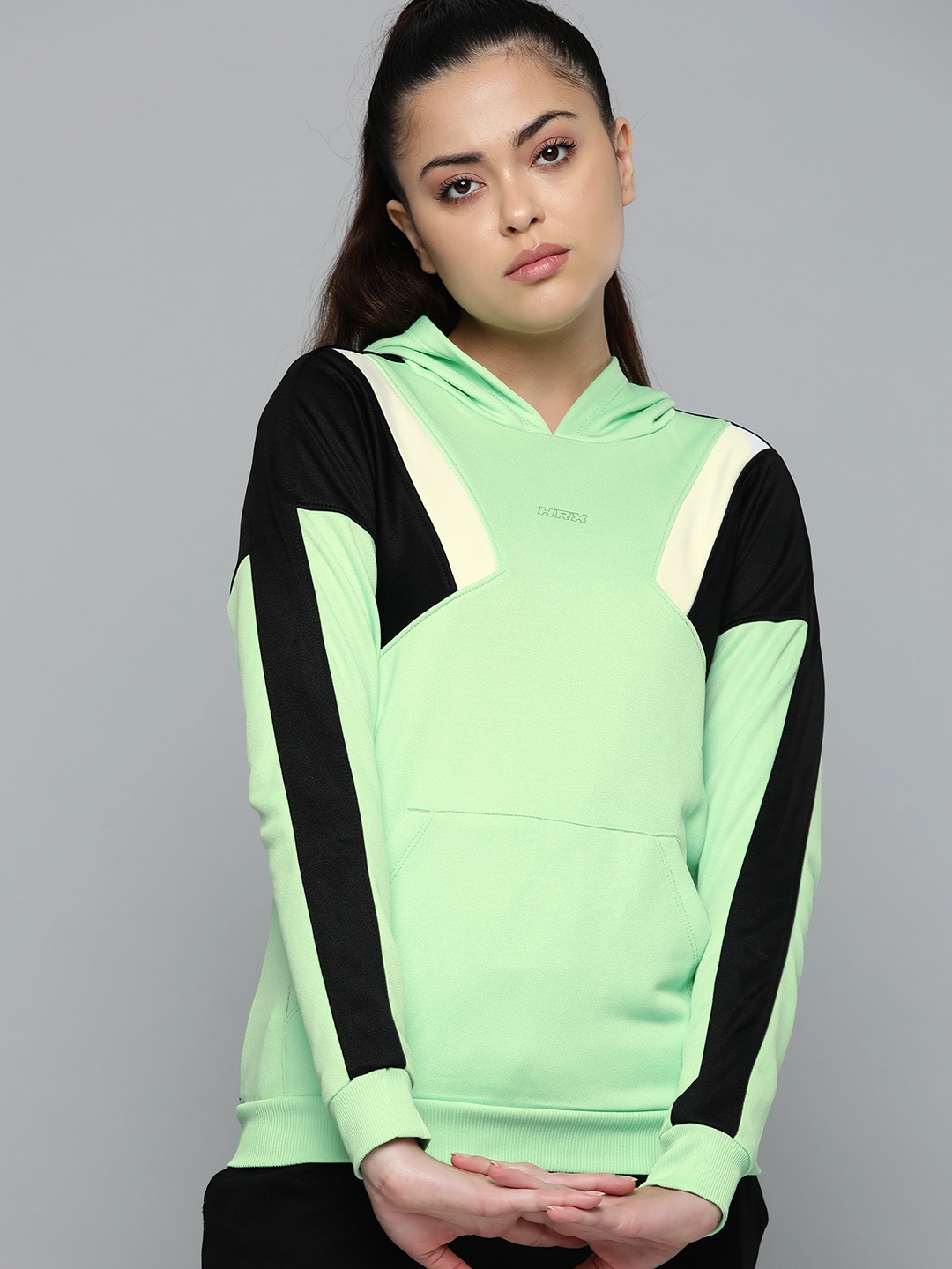 

HRX by Hrithik Roshan Women Rapid-Dry Colourblocked Hooded Sweatshirt, Green