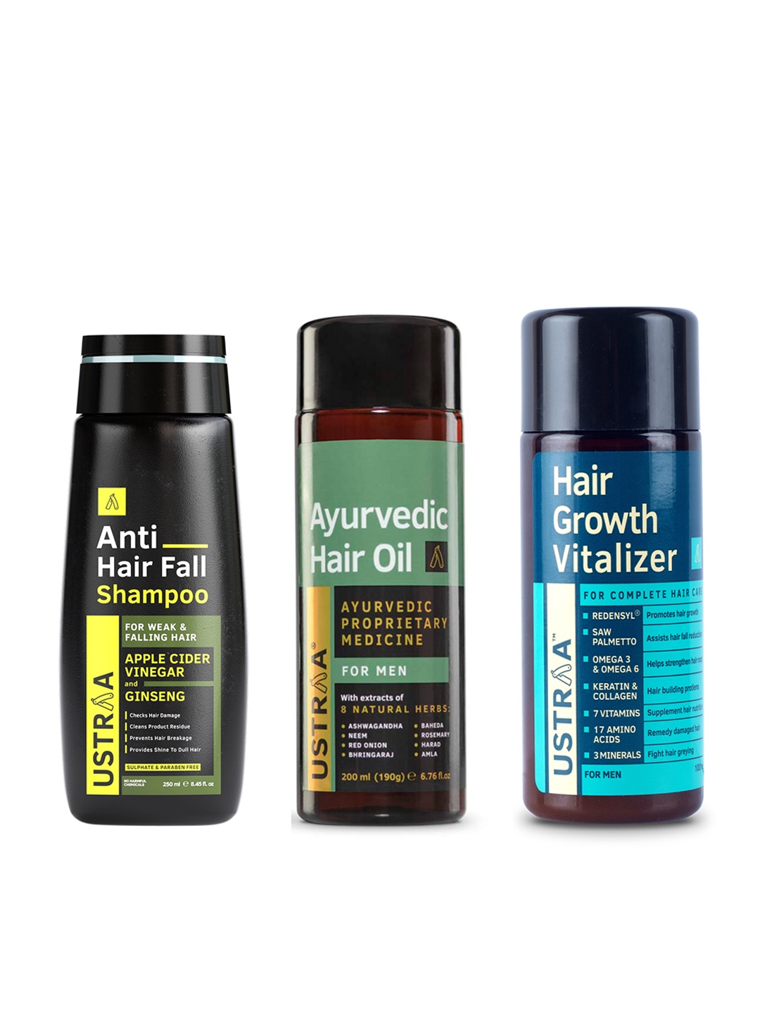 

Ustraa Set of Hair Growth Vitalizer, Ayurvedic Hair Oil & Anti Hair Fall Shampoo, Black
