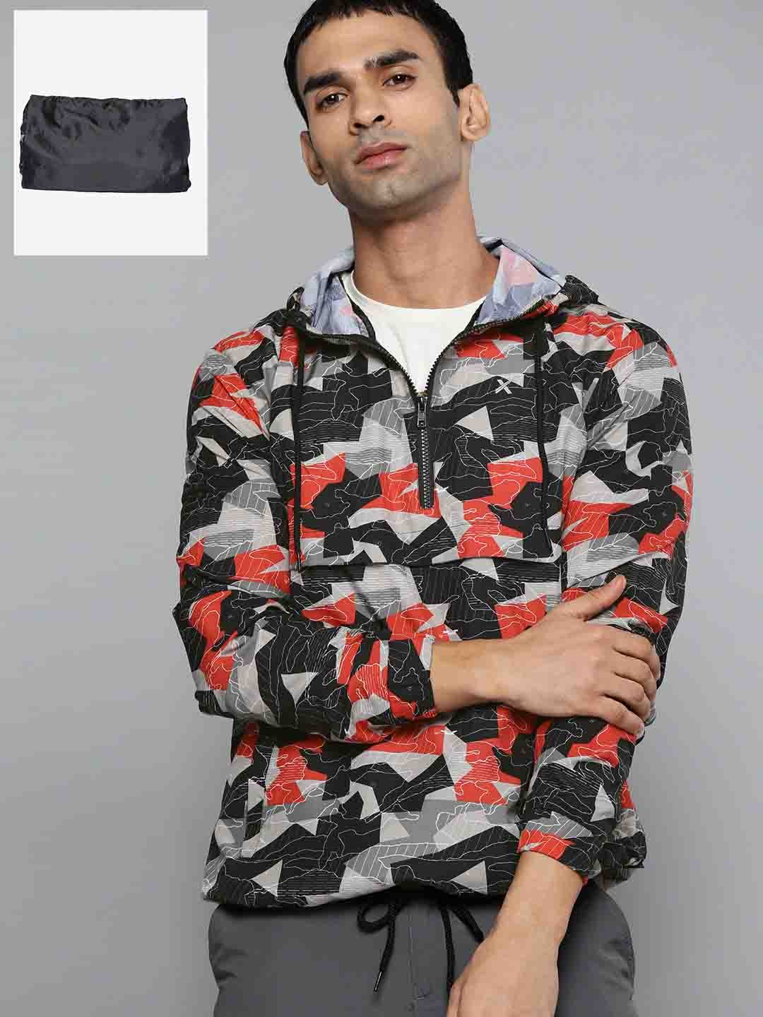 

HRX By Hrithik Roshan Outdoor Men Black & Coral Red Packable Camouflage Jacket