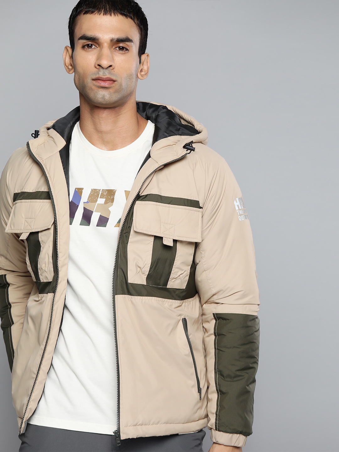 

HRX By Hrithik Roshan Outdoor Men winter moss Rapid-Dry Colourblock Jackets, Beige