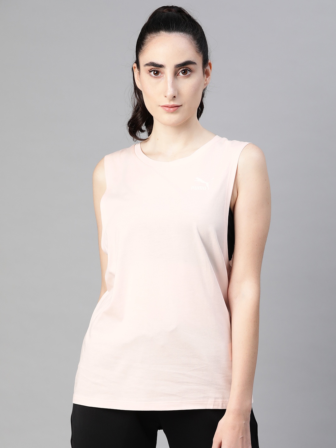 

Puma Women Peach-Colored Brand Logo Printed Classics Relaxed Tank T-Shirt