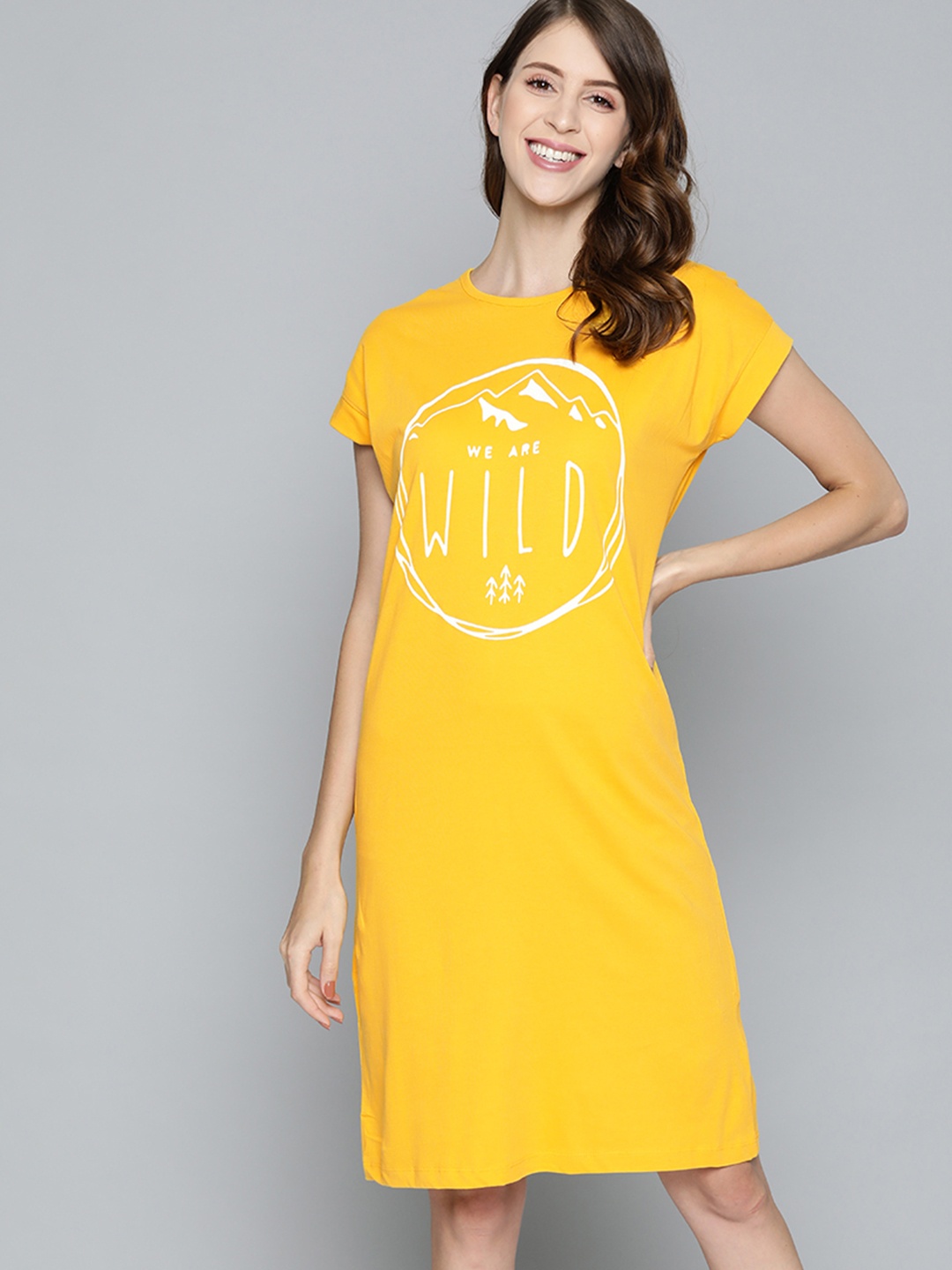 

HERE&NOW Women Yellow Printed Pure Cotton Nightdress