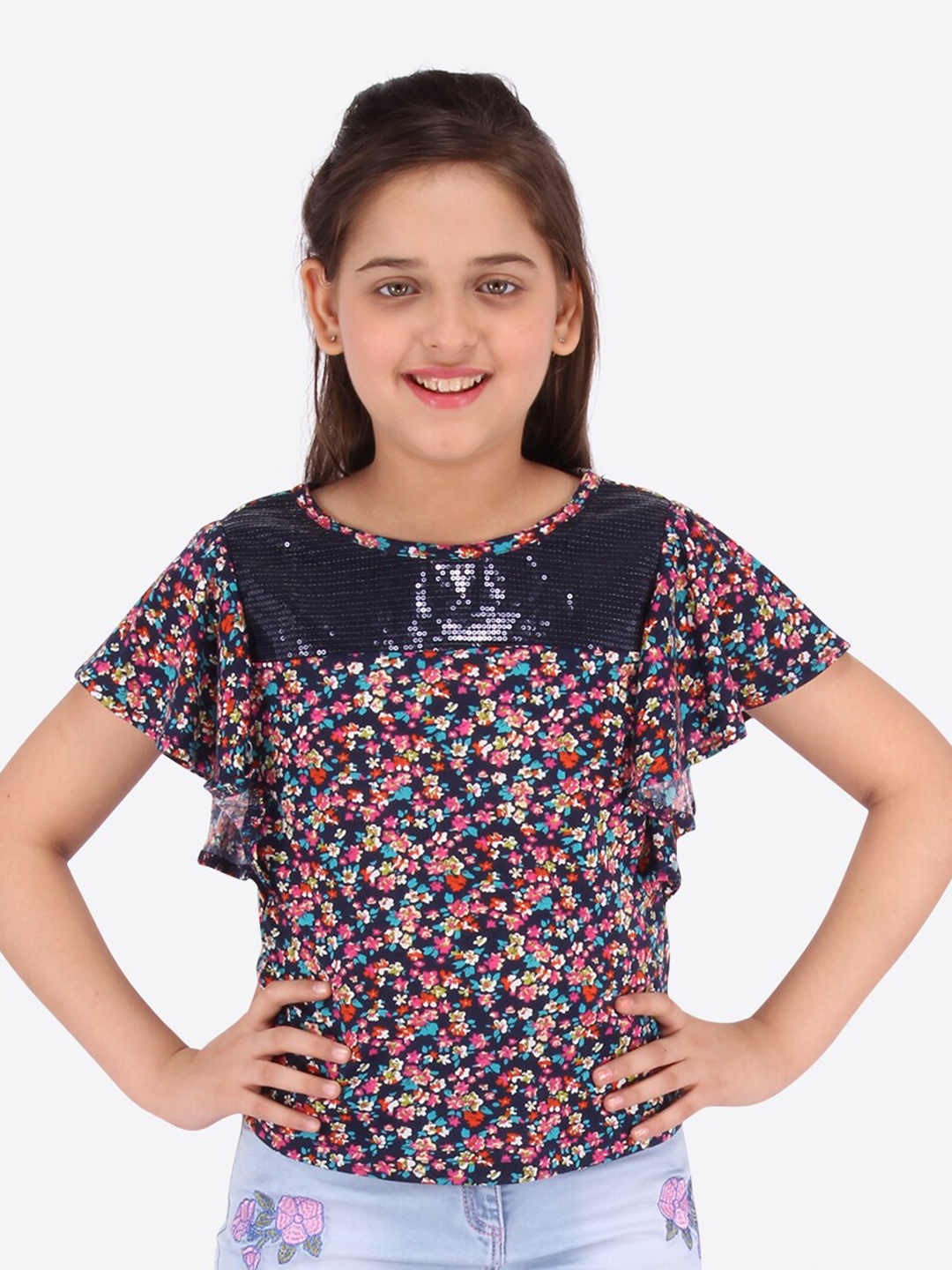 

CUTECUMBER Girls Navy Blue Floral Regular Top