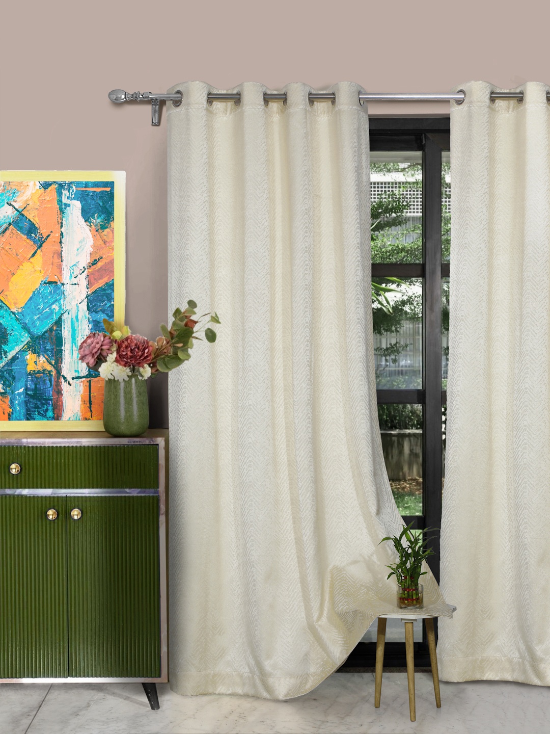 

ROSARA HOME Set of 2 Cream-Coloured & Off-White Long Door Curtains