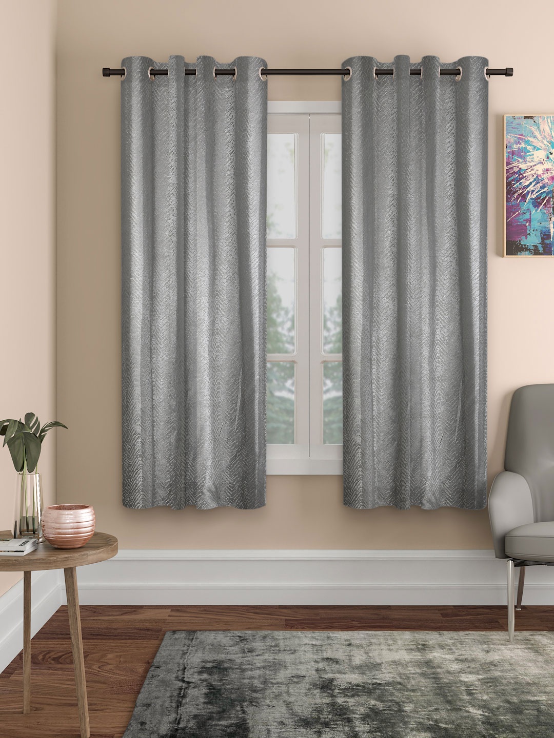 

ROSARA HOME Grey & White Set of 2 Printed Window Curtains