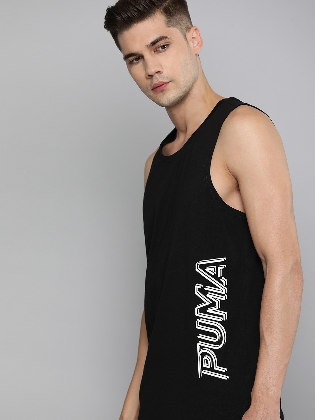 

Puma Men Black White Brand Logo Printed tank Pure Cotton T-shirt