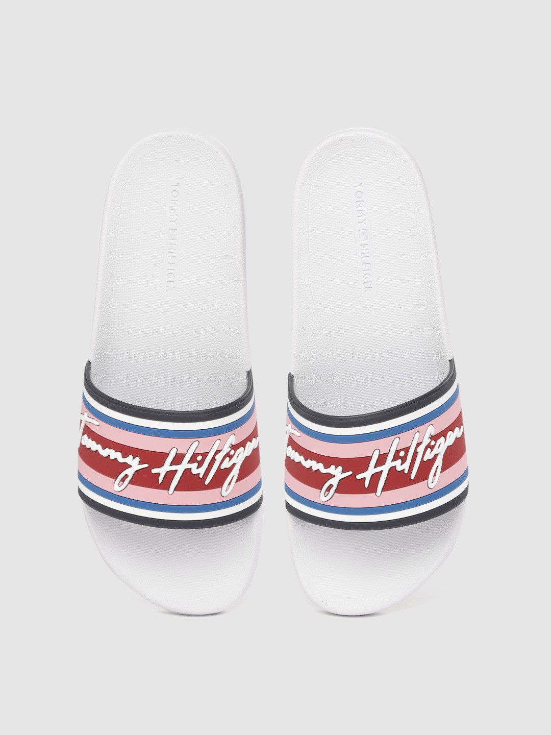 

Tommy Hilfiger Men Pink & Red Striped Sliders with Brand Logo Embossed Detail