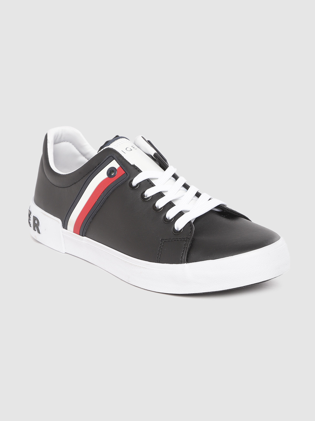 

Tommy Hilfiger Men Black Solid Sneakers with Striped Detail