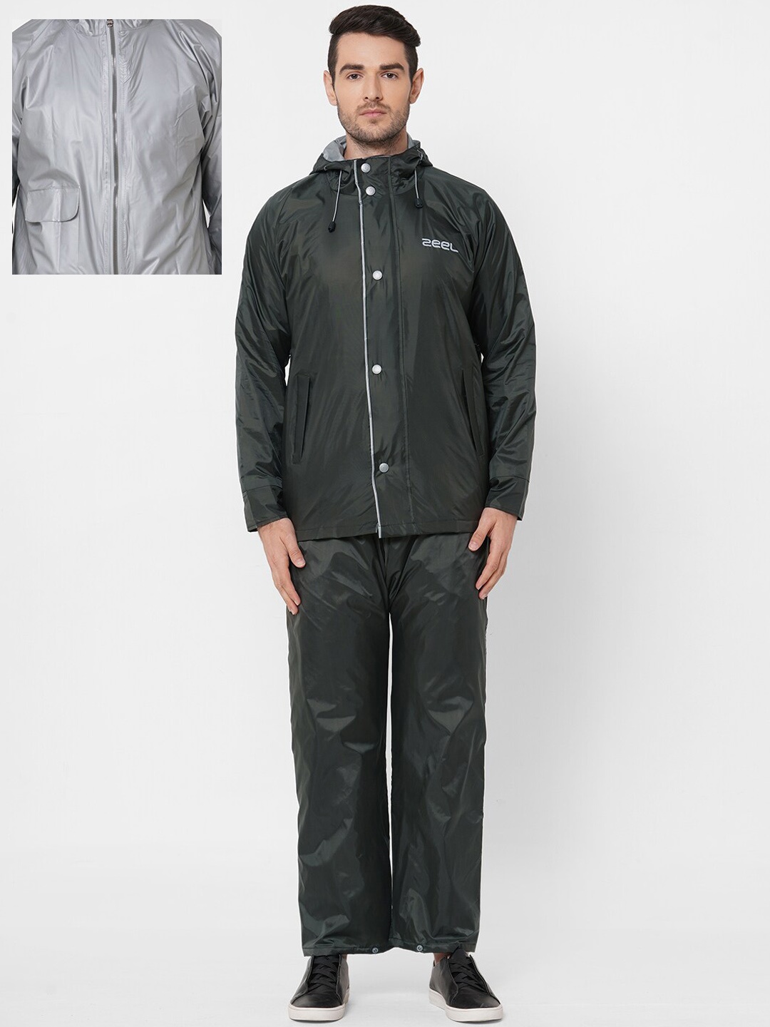 

Zeel Men Grey & Black Solid Reversible Rain Suit