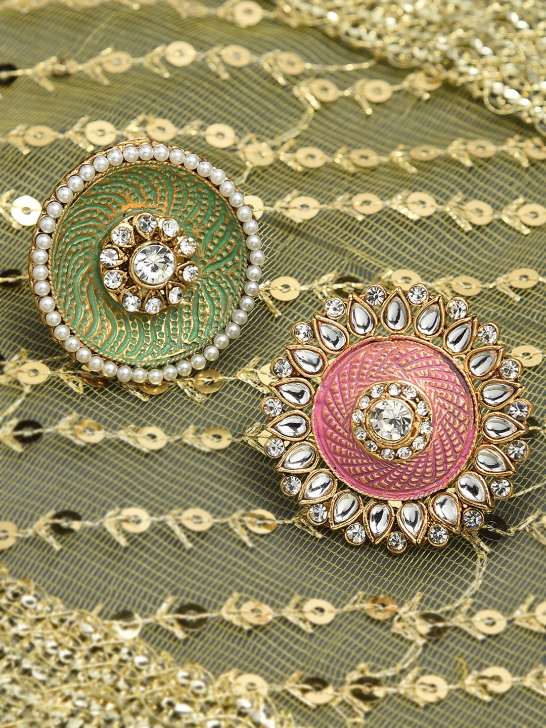 

Zaveri Pearls Set Of 2 Gold-Plated Kundan & Beaded Meenakari Adjustable Finger Rings