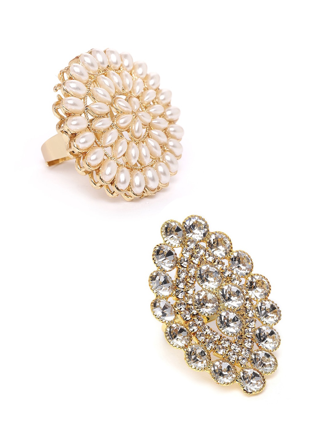 

Zaveri Pearls Set Of 2 Gold-Plated Pearl & Stone-Studded Adjustable Finger Ring