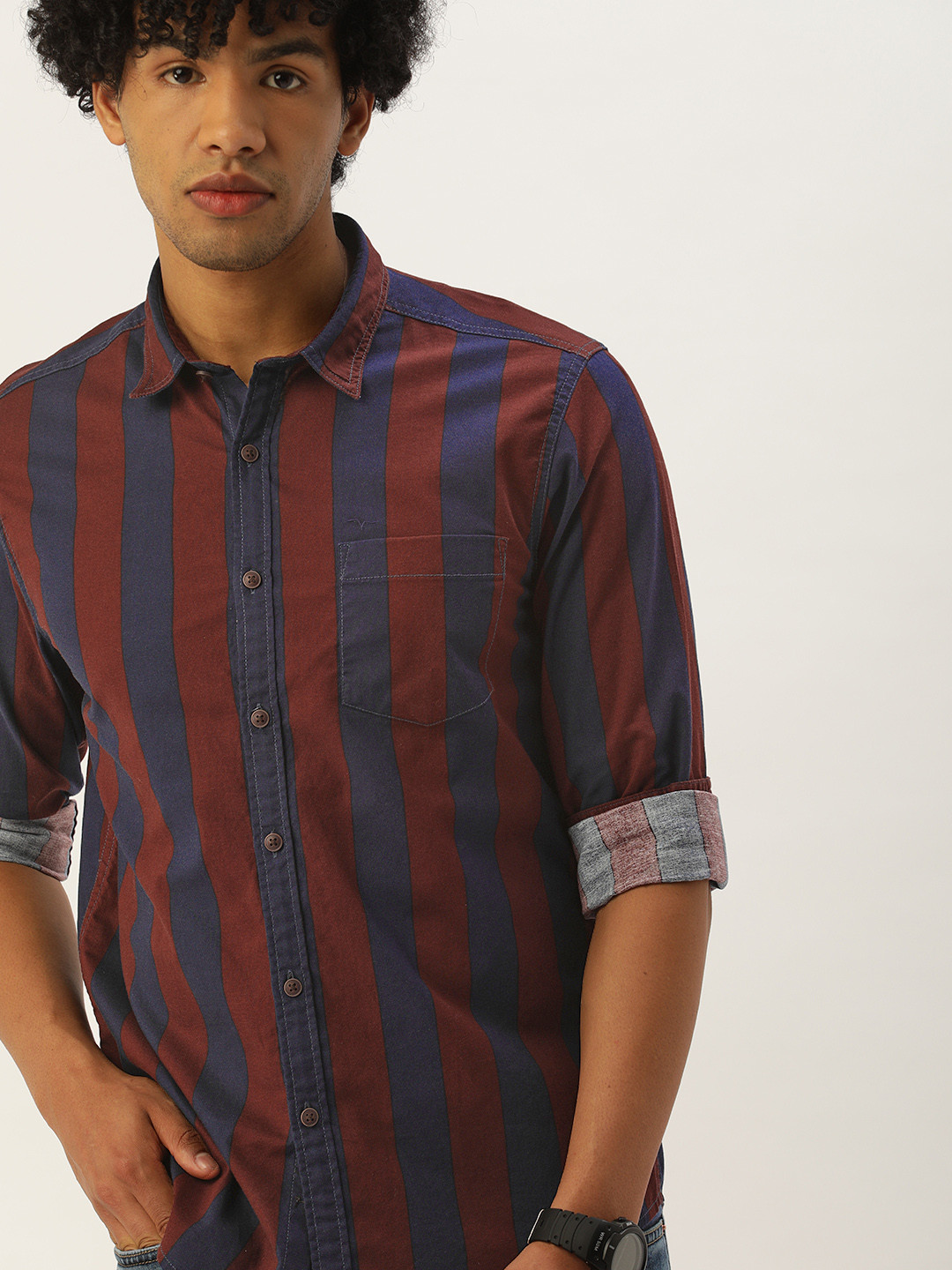 

Flying Machine Men Navy Blue Slim Fit Striped Casual Shirt