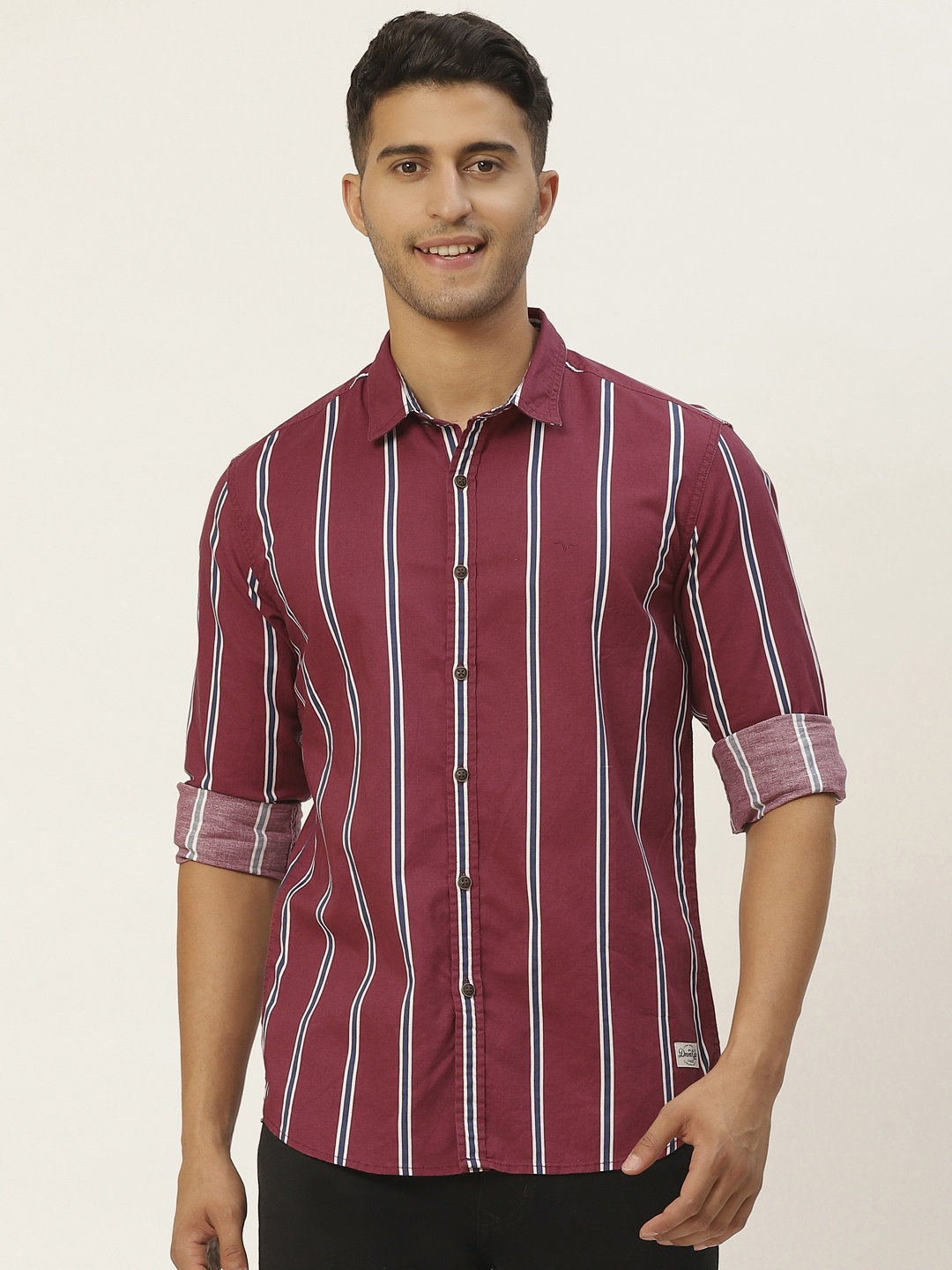 

Flying Machine Men Red & Navy Blue Striped Pure Cotton Slim Fit Casual Shirt