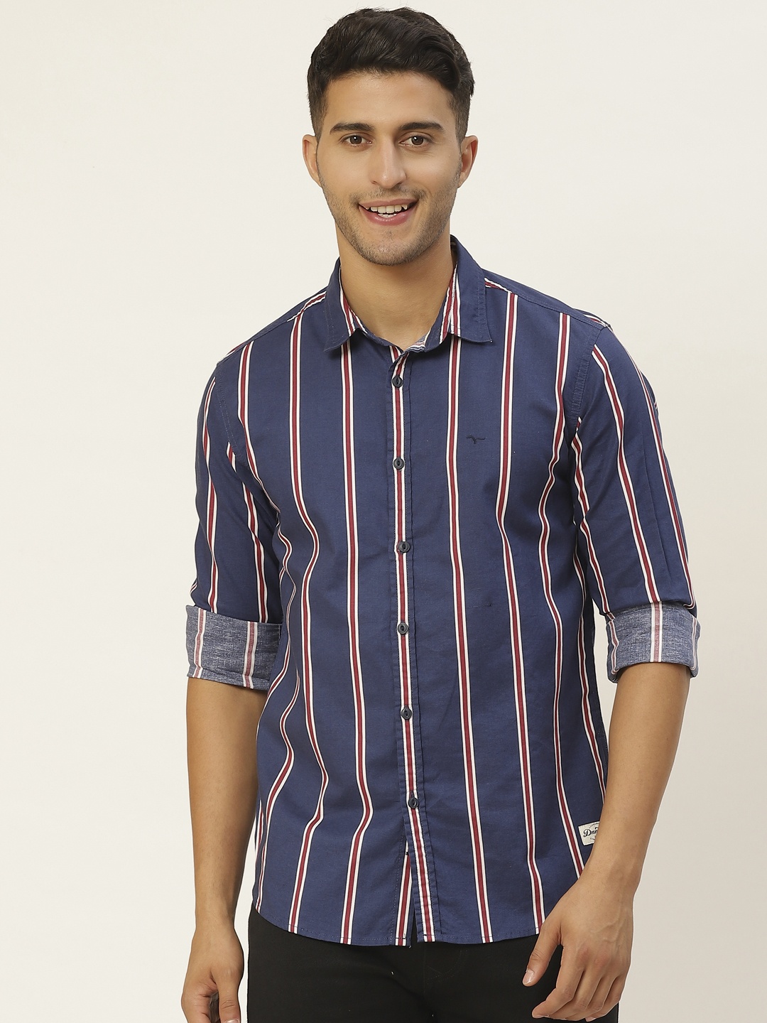

Flying Machine Men Navy Blue & Red Striped Pure Cotton Slim Fit Casual Shirt
