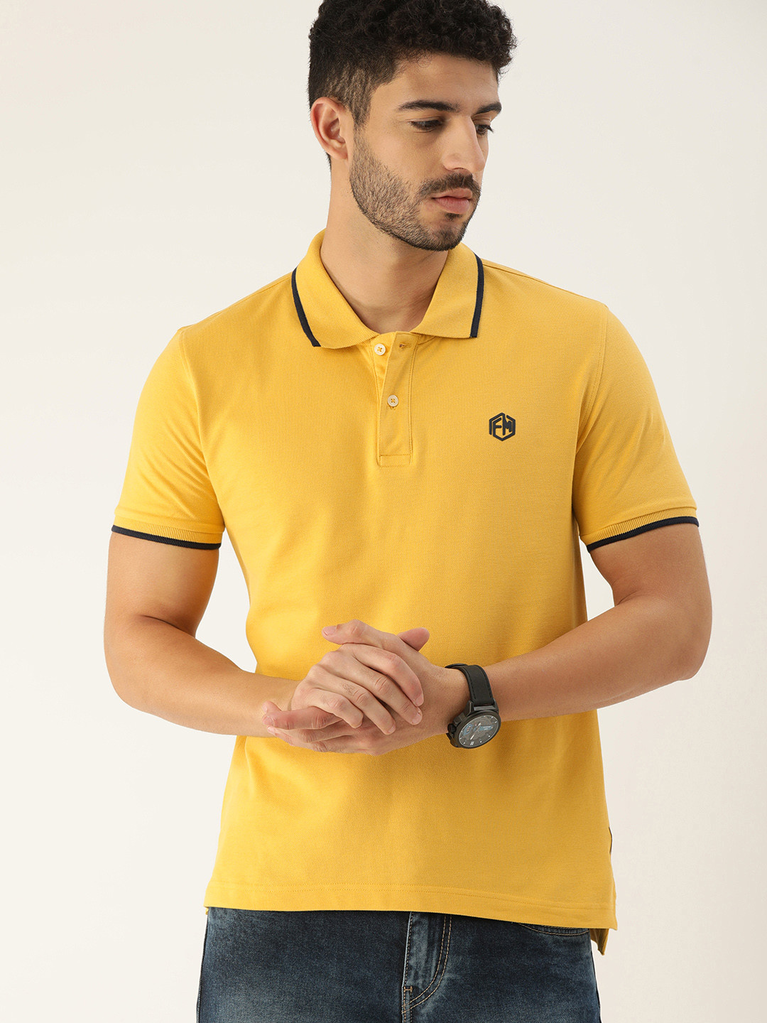 

Flying Machine Men Mustard Yellow Solid Pure Cotton Polo Collar Pure Cotton T-shirt