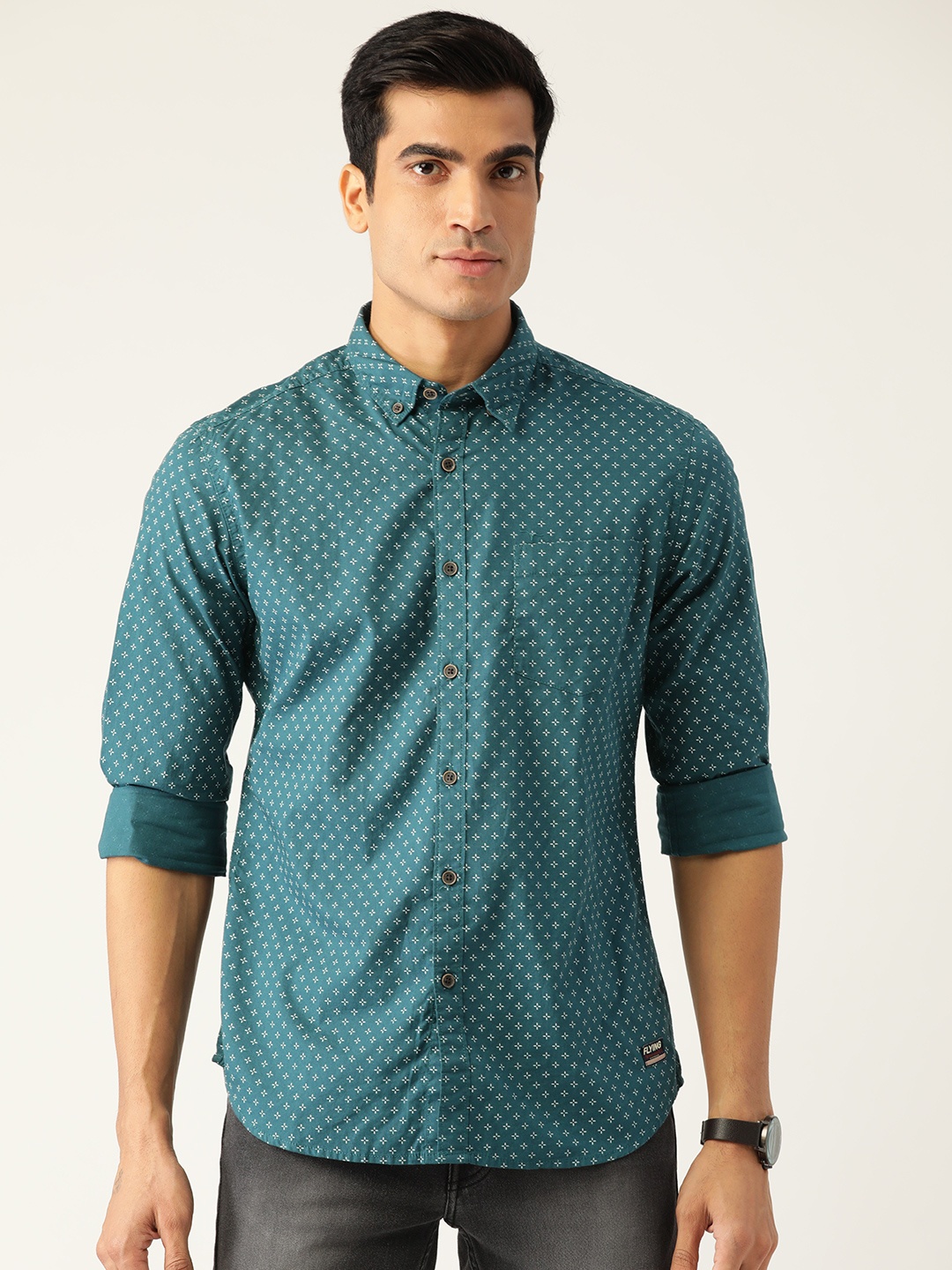 

Flying Machine Men Teal Blue Pure Cotton Slim Fit Opaque Printed Casual Shirt