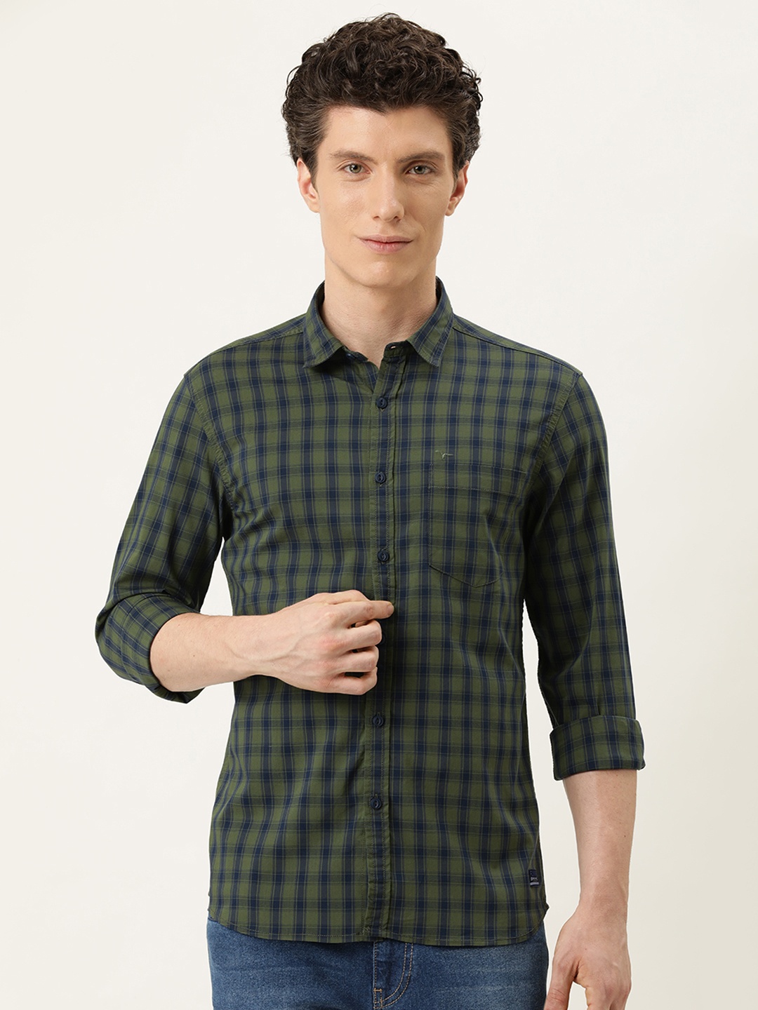 

Flying Machine Men Green & Navy Blue Slim Fit Checked Casual Shirt