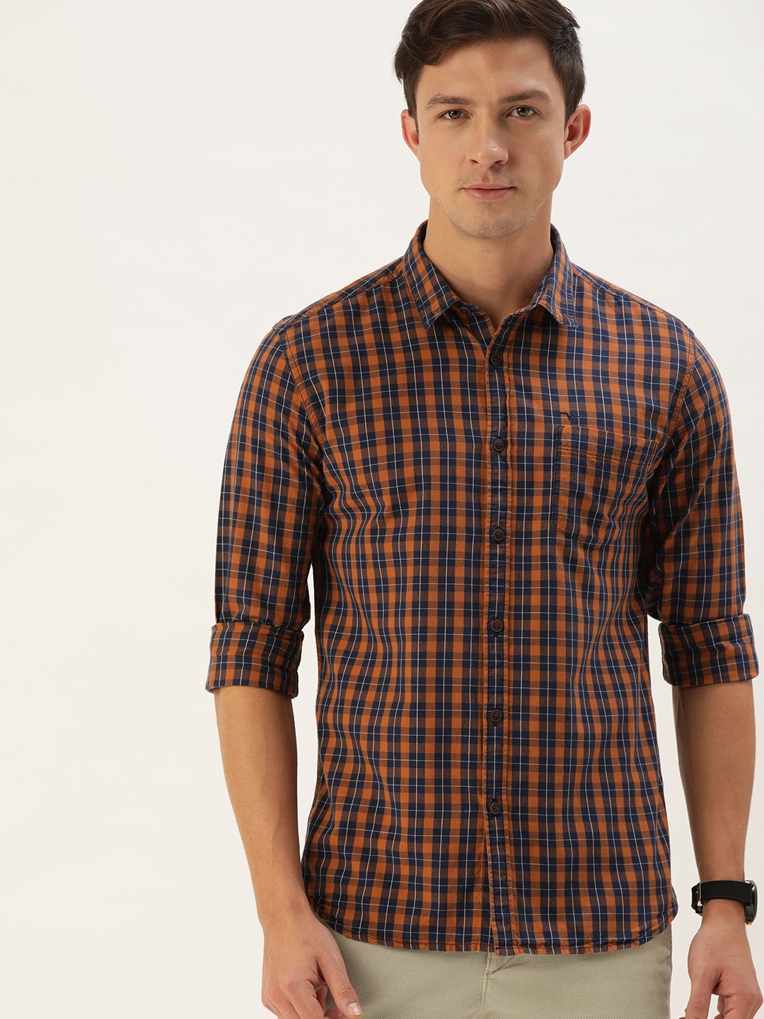 

Flying Machine Men Orange Slim Fit Checked Casual Shirt