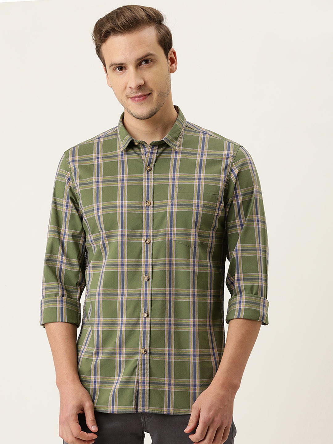 

Flying Machine Men Olive Green Tartan Checks Opaque Checked Casual Shirt