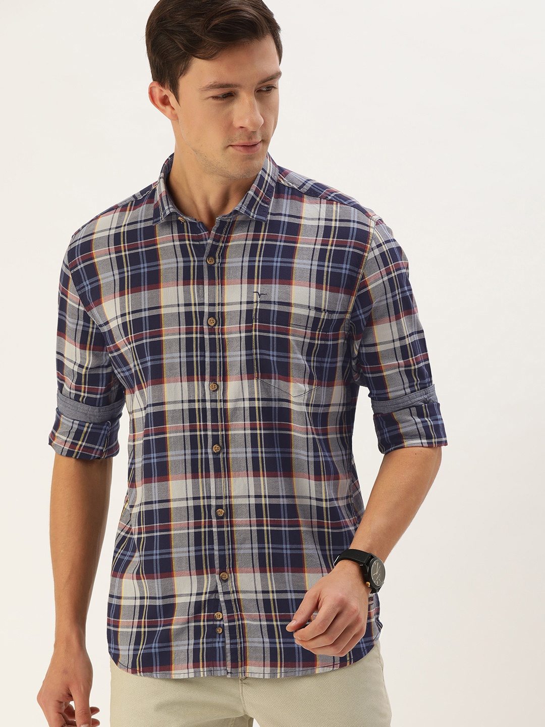 

Flying Machine Men Navy Blue Slim Fit Checked Casual Shirt