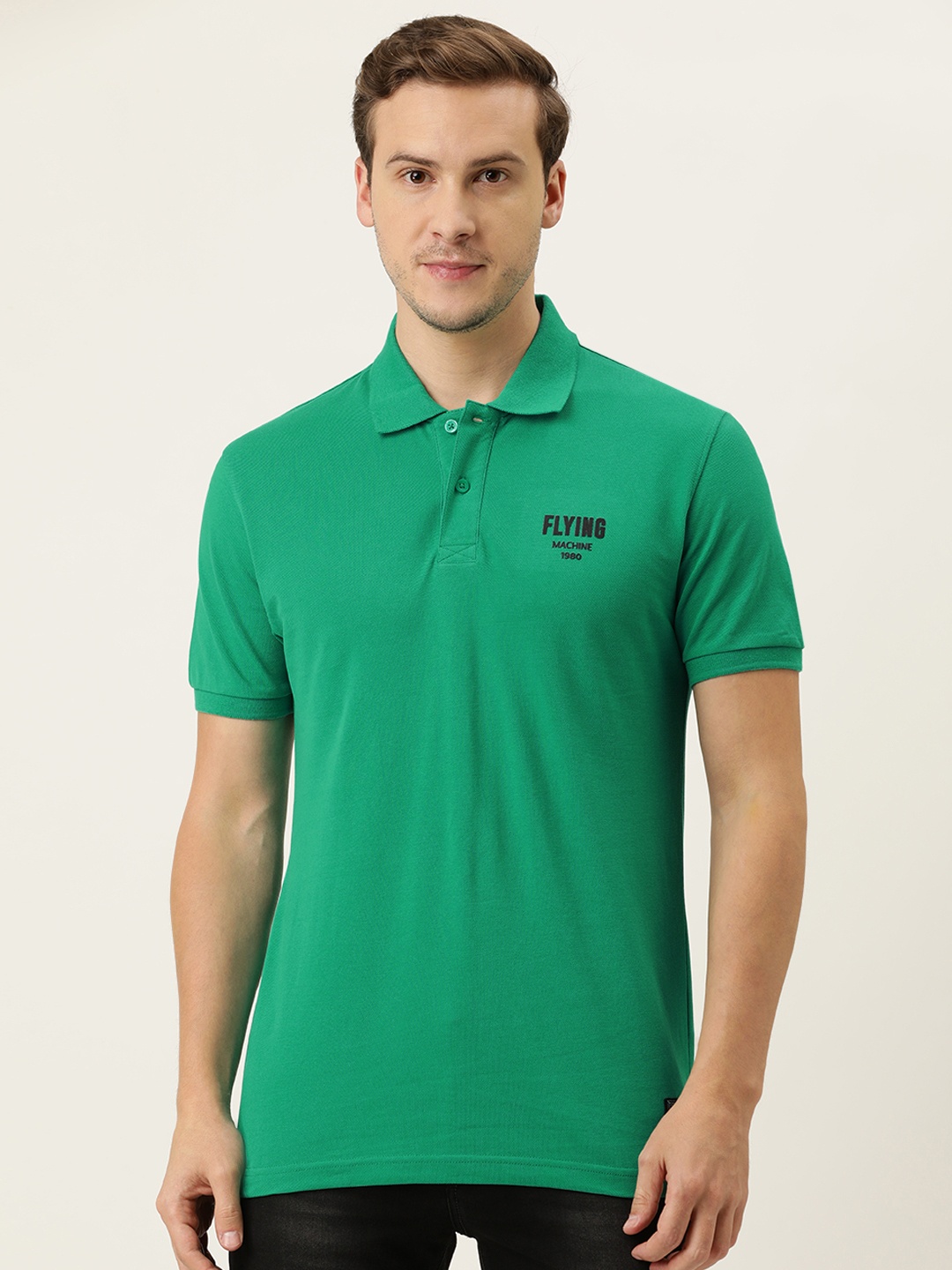 

Flying Machine Men Green Brand Logo Printed Polo Collar Pure Cotton T-shirt