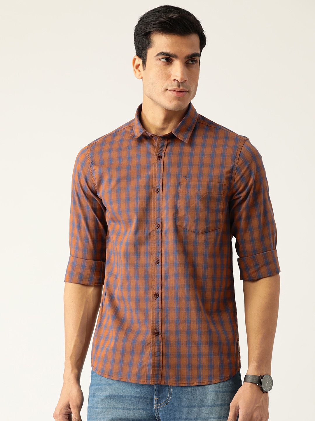 

Flying Machine Men Rust Brown & Blue Slim Fit Tartan Checks Opaque Casual Shirt