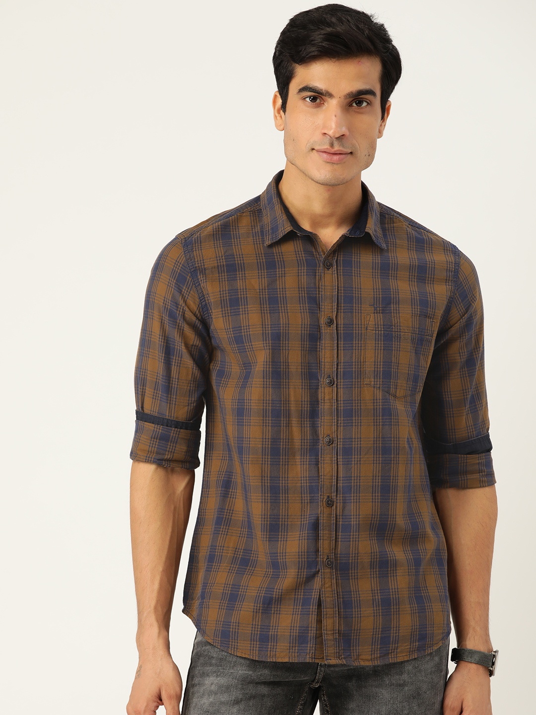 

Flying Machine Men Navy Blue & Olive Brown Slim Fit Tartan Checked Cotton Casual Shirt