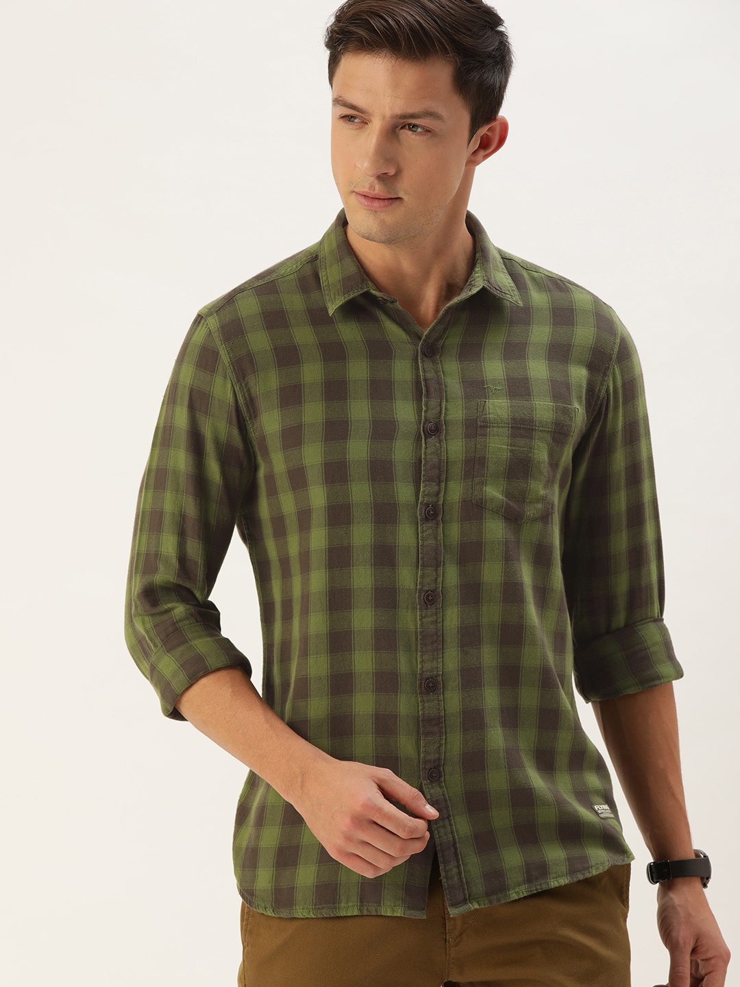 

Flying Machine Men Olive Green Slim Fit Buffalo Checks Casual Shirt