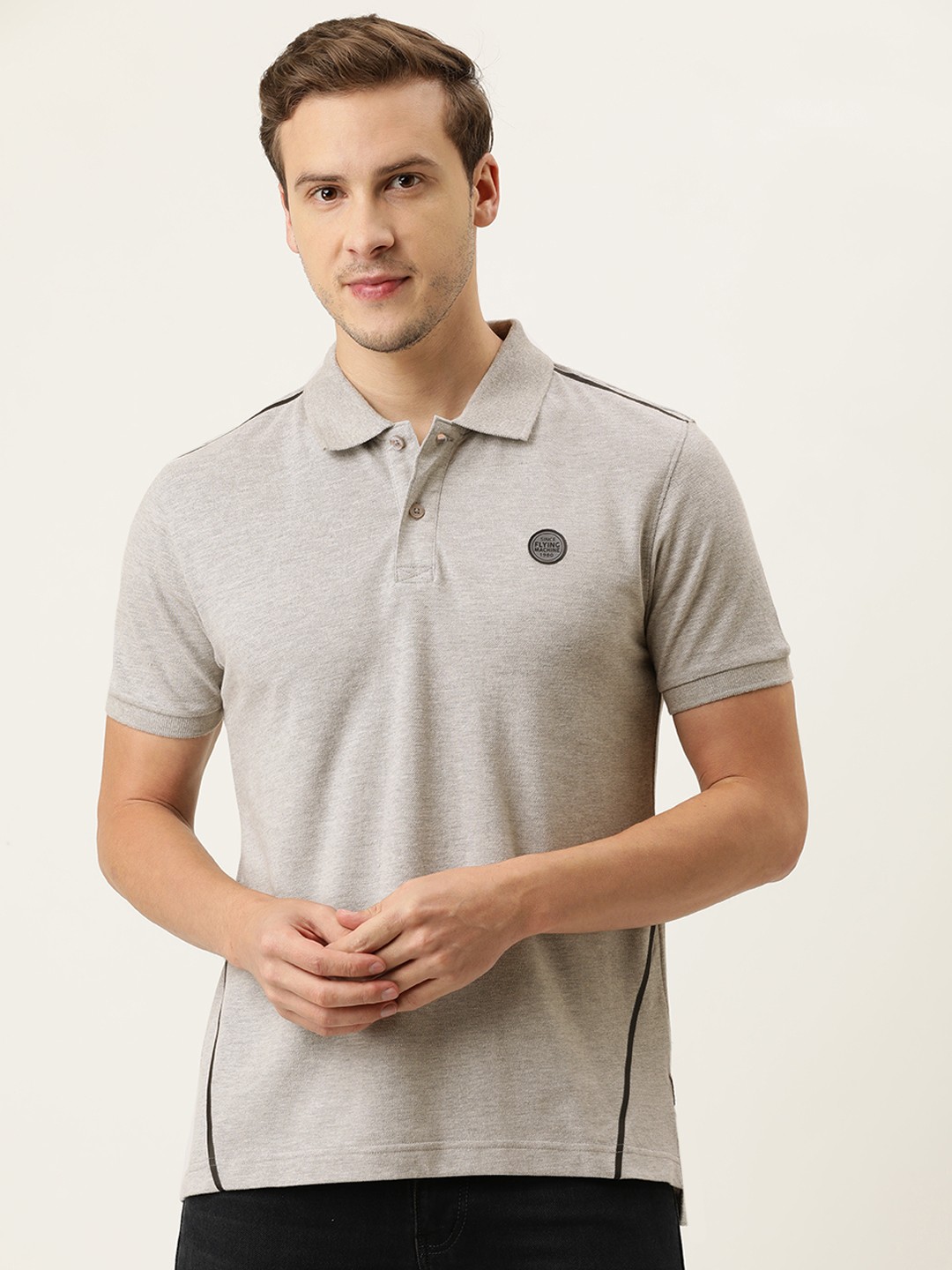 

Flying Machine Men Grey Melange Polo Collar T-shirt