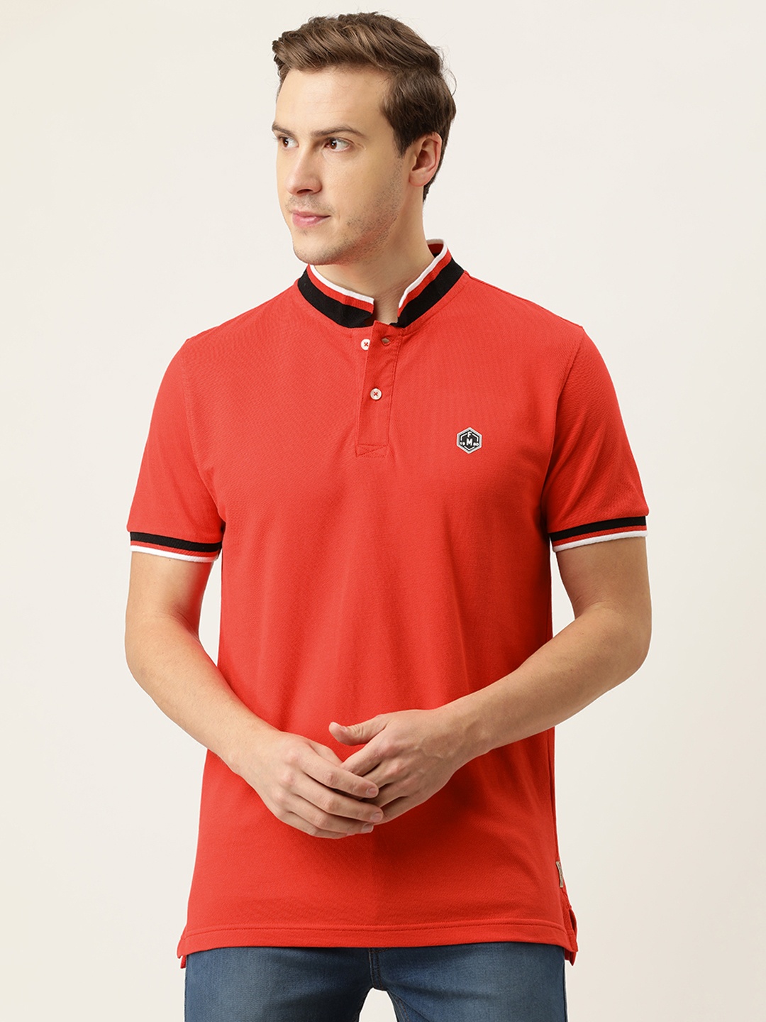 

Flying Machine Men Red Mandarin Collar Pure Cotton T-shirt
