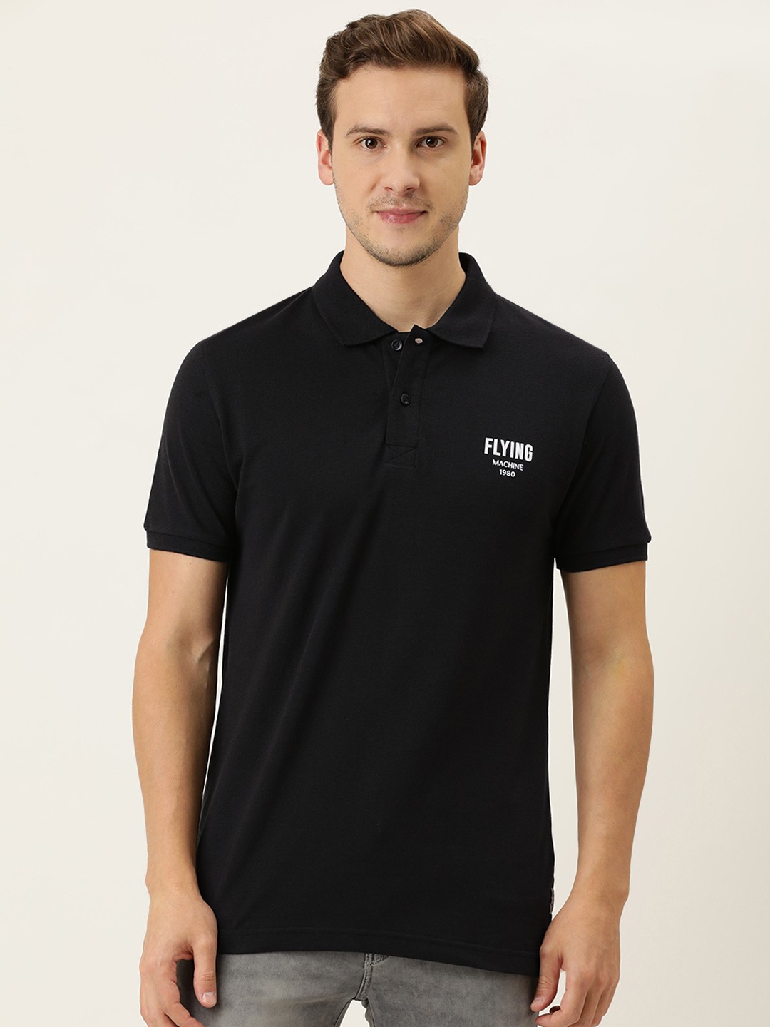 

Flying Machine Men Black Brand Logo Printed Polo Collar Pure Cotton T-shirt
