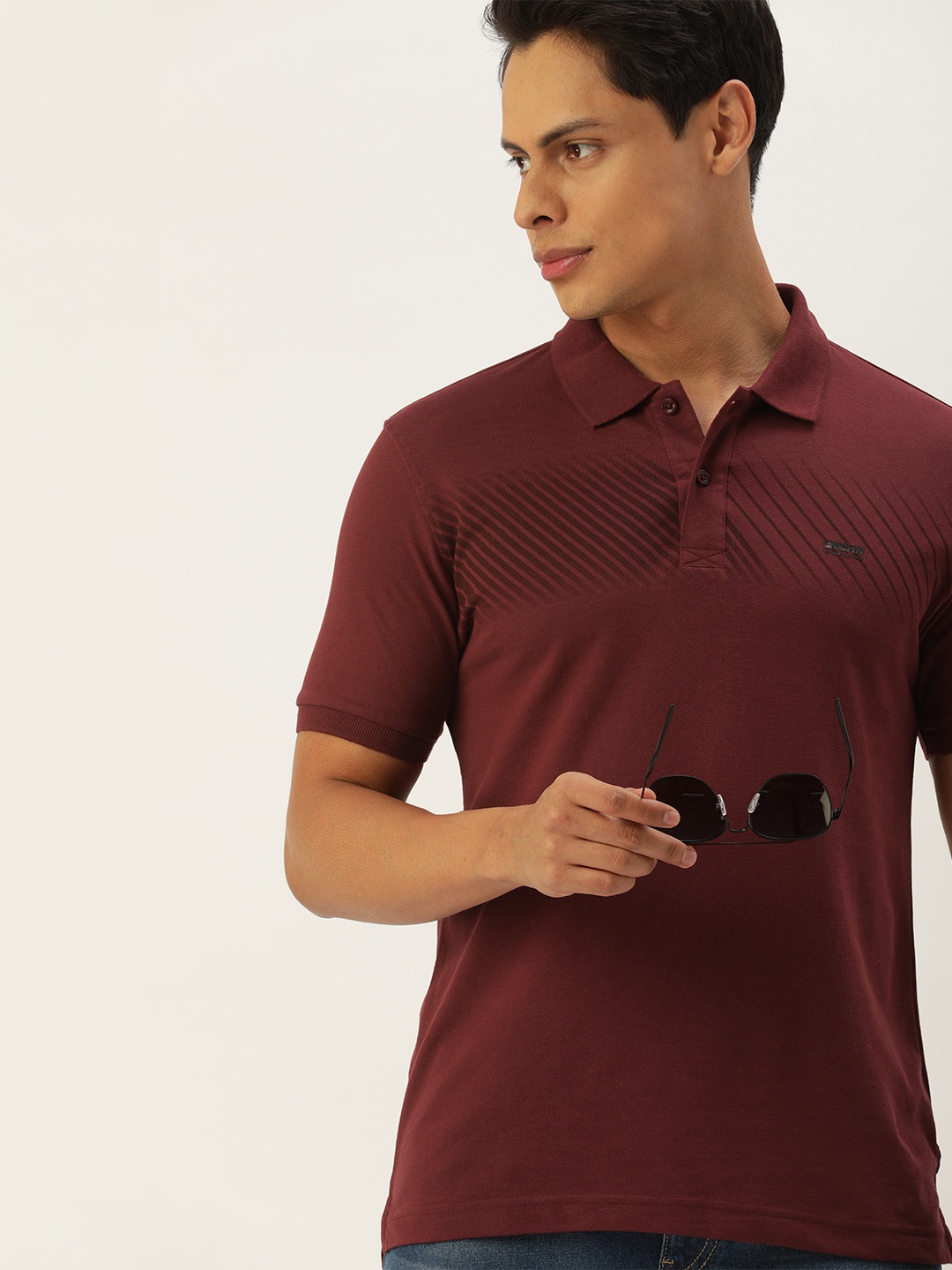 

Flying Machine Men Burgundy Striped Polo Collar Pure Cotton T-shirt