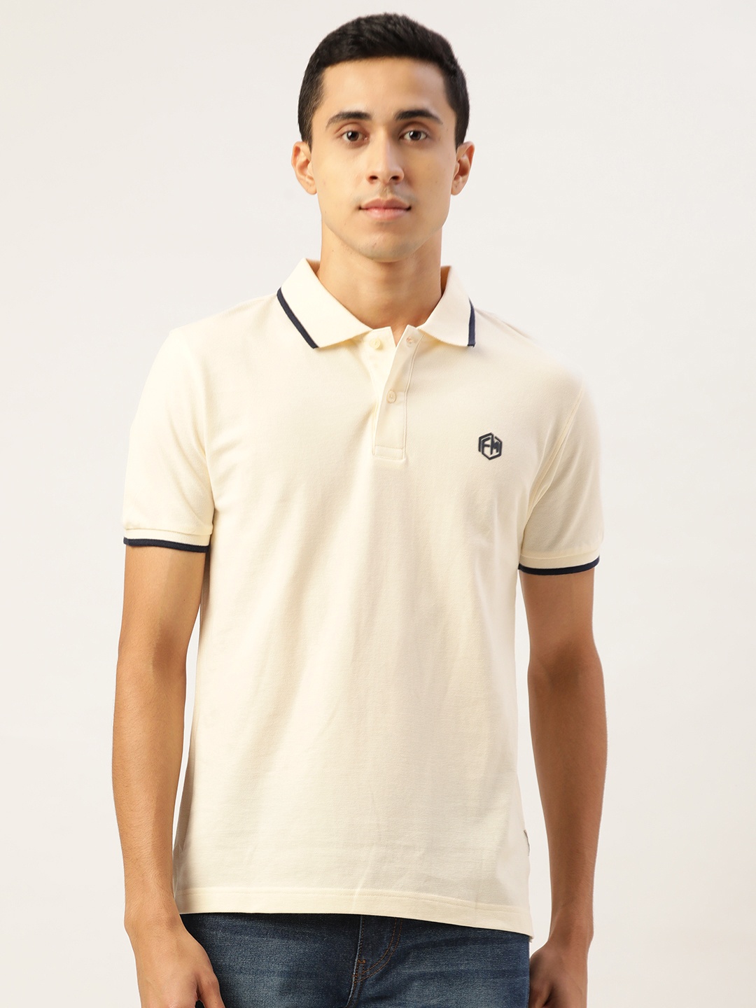 

Flying Machine Men Cream-Coloured Pure Cotton Polo Collar T-shirt