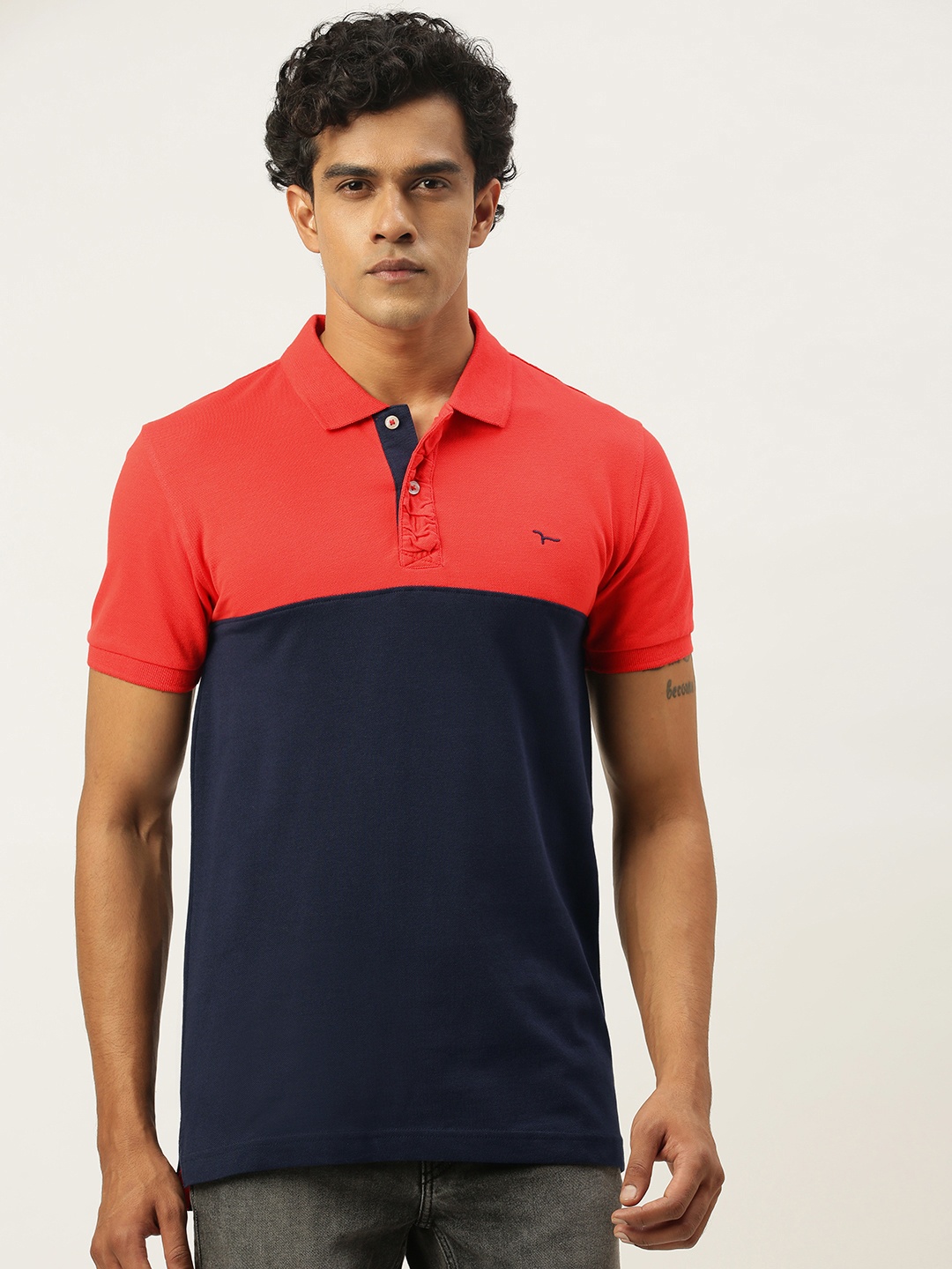 

Flying Machine Men Red Navy Blue Colourblocked Polo Collar Pure Cotton T-shirt