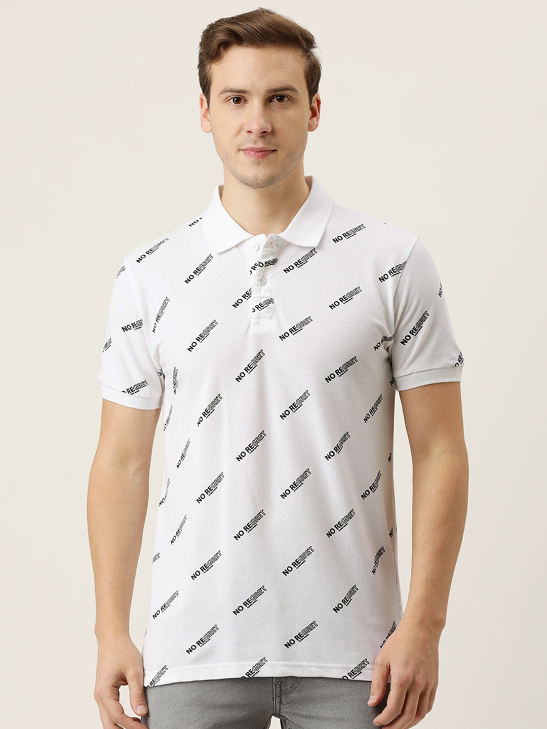 

Flying Machine Men White Black Typography Printed Polo Collar Pure Cotton T-shirt