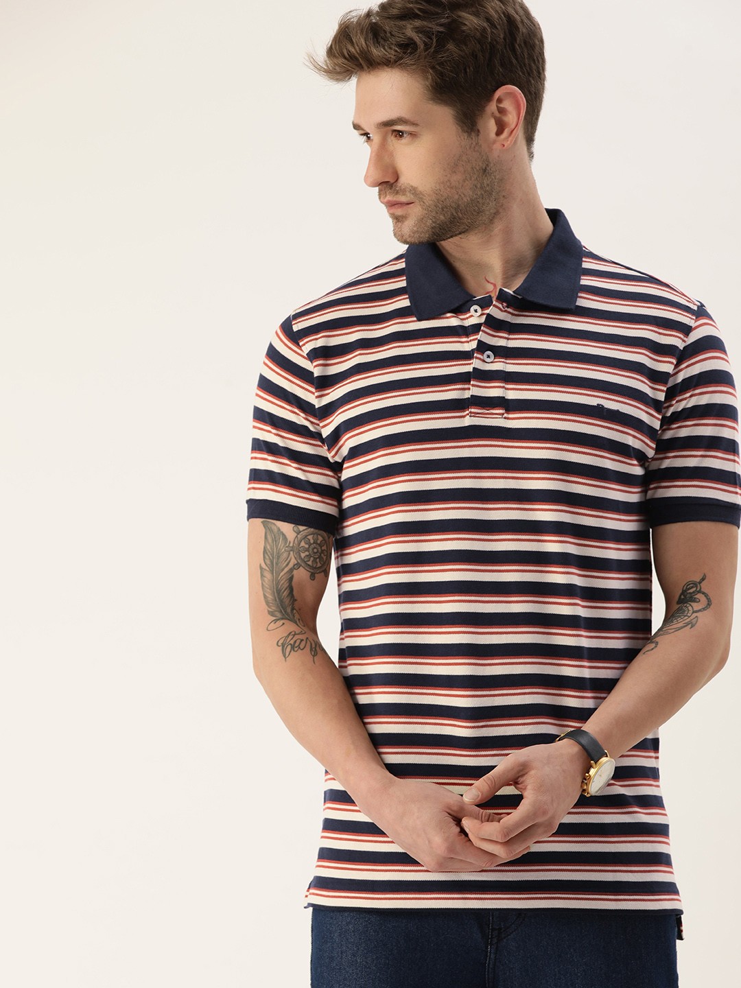 

Flying Machine Men Navy Blue White Striped Polo Collar Cotton Pure Cotton T-shirt