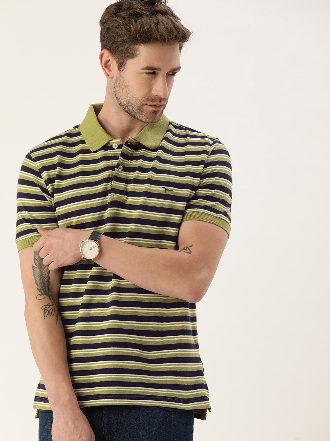 

Flying Machine Men Olive Green Navy Blue Striped Polo Collar Cotton Pure Cotton T-shirt