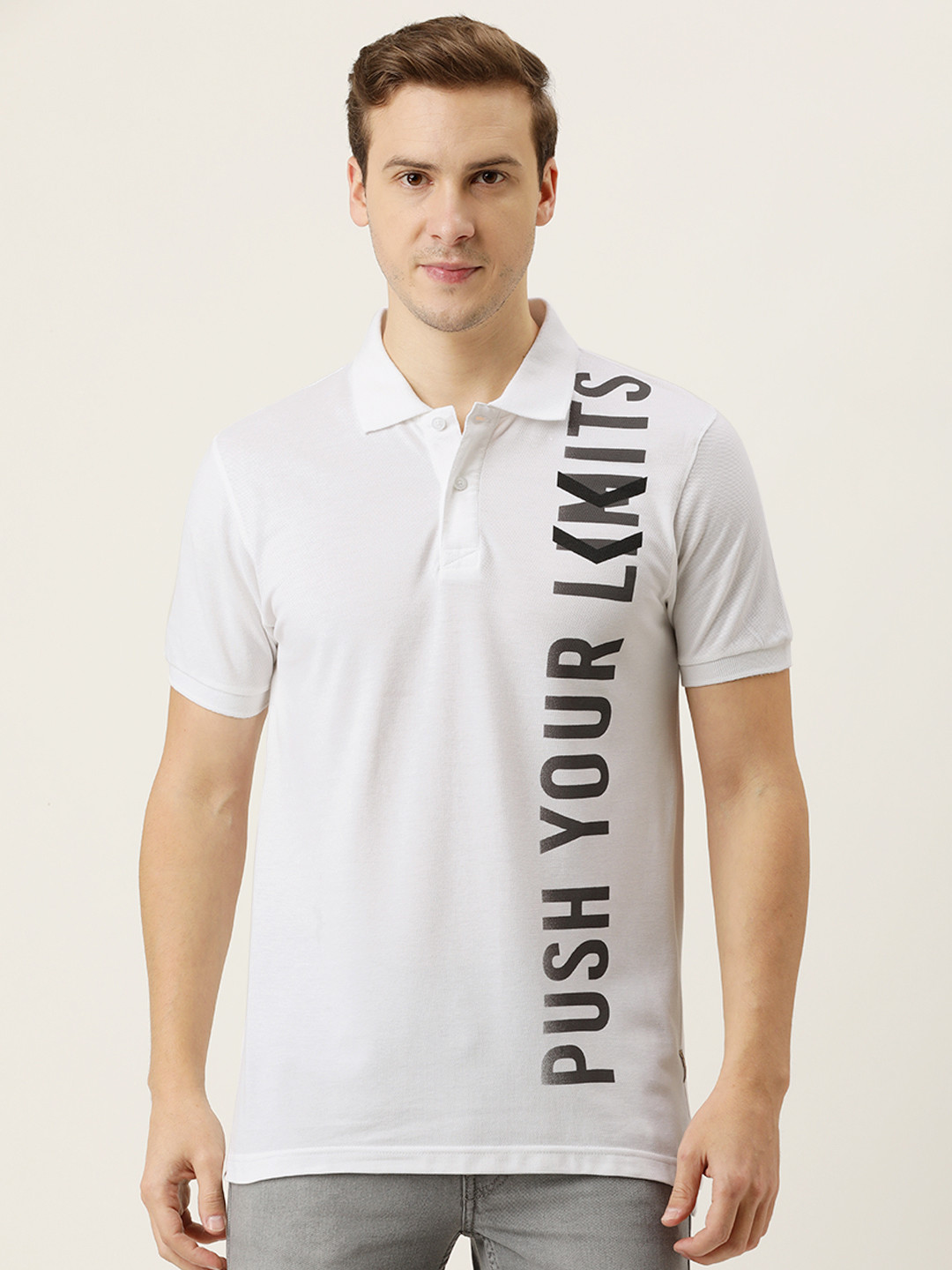 

Flying Machine Men White Typography Placement Printed Polo Collar Pure Cotton T-shirt