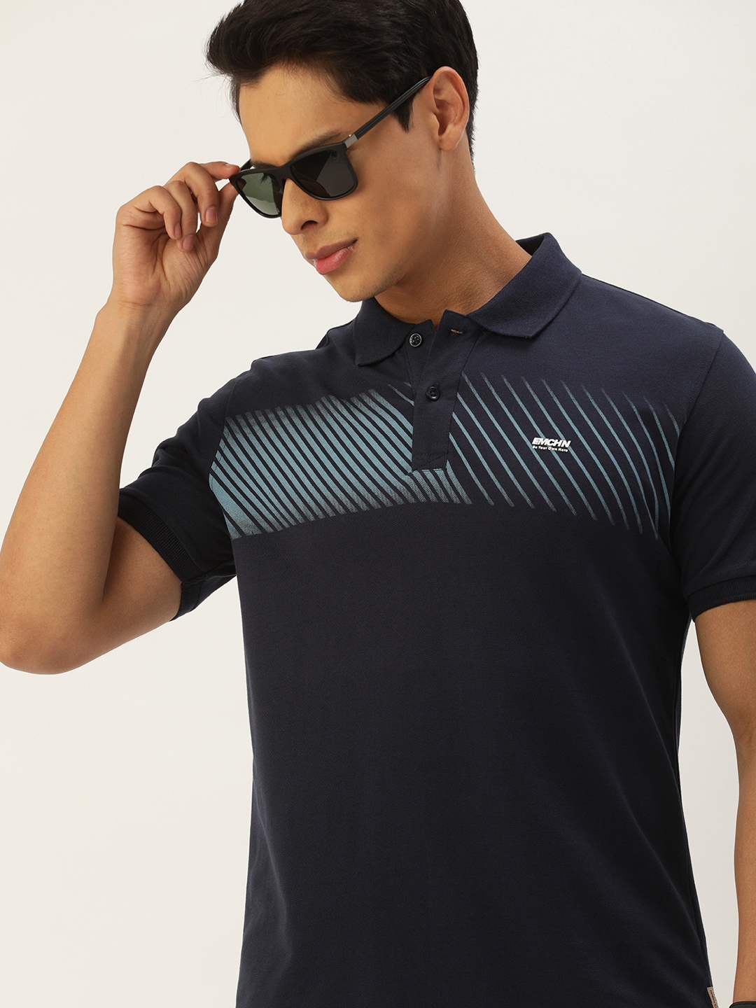 

Flying Machine Men Navy Blue Striped Polo Collar Pure Cotton T-shirt