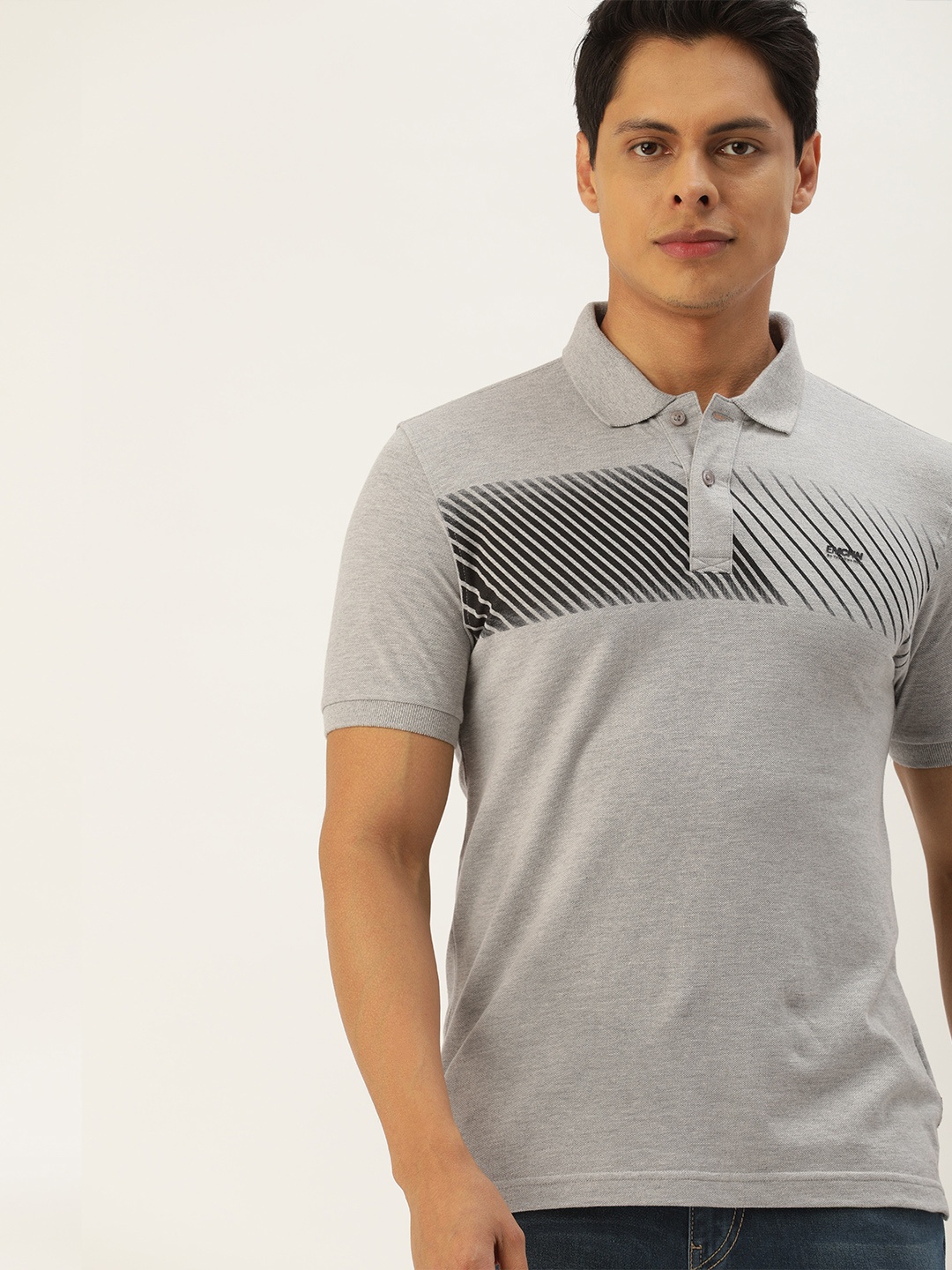 

Flying Machine Men Grey Melange & Black Striped Polo Collar T-shirt