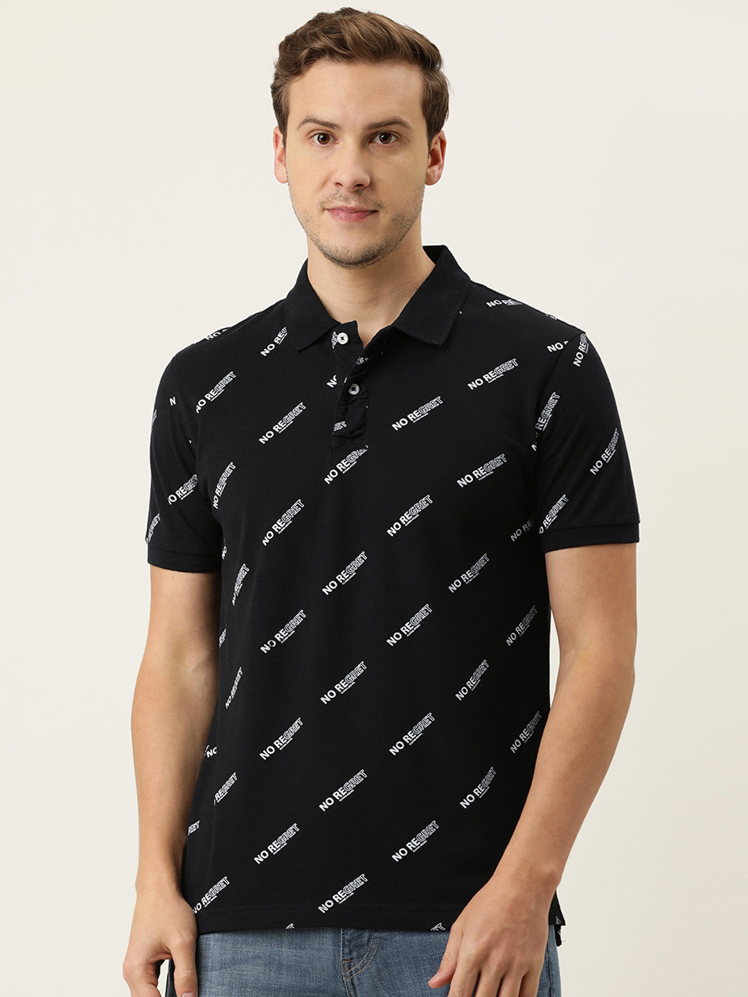 

Flying Machine Men Black & White Typography Printed Polo Collar Monochrome T-shirt
