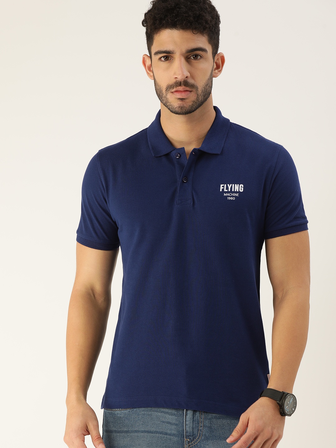 

Flying Machine Men Navy Blue Cotton Polo Collar T-shirt