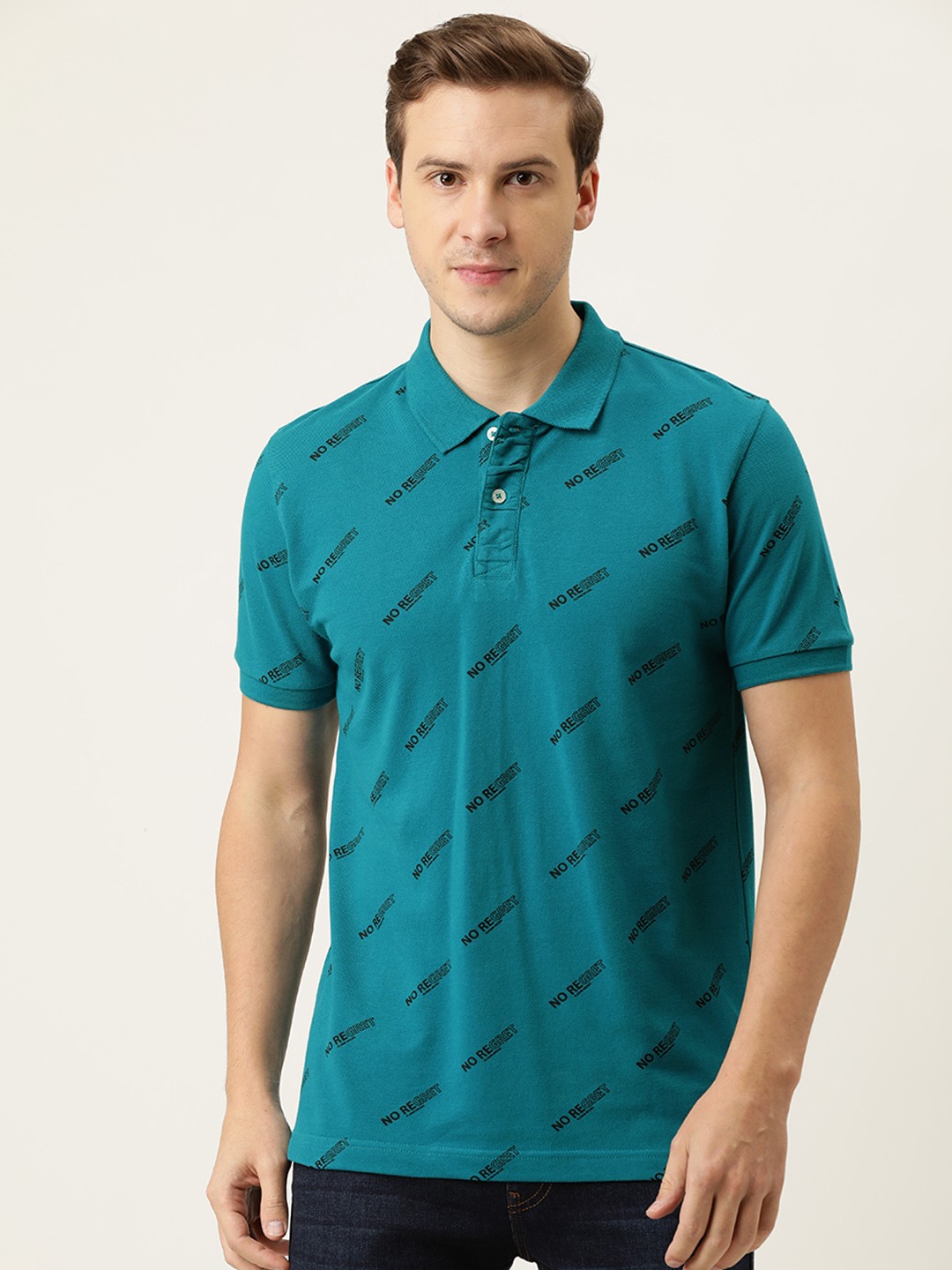 

Flying Machine Men Blue Typography Printed Polo Collar Pure Cotton T-shirt