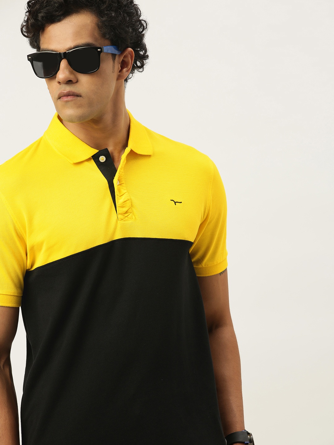 

Flying Machine Men Yellow Black Colourblocked Polo Collar Pure Cotton T-shirt